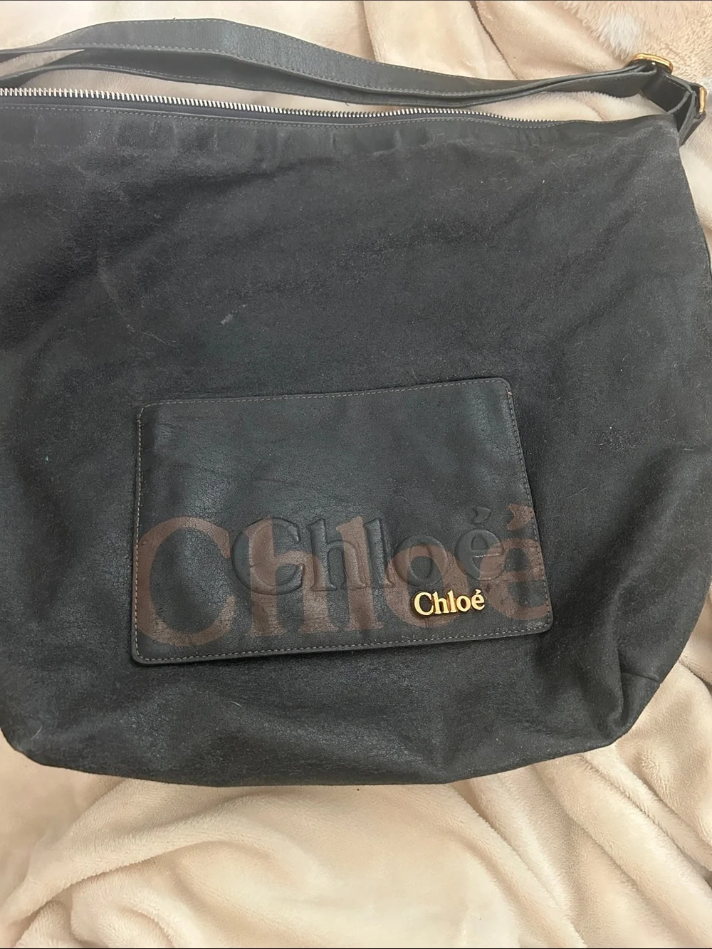 Chloé Black Suede Hobo with Logo Front Pocket